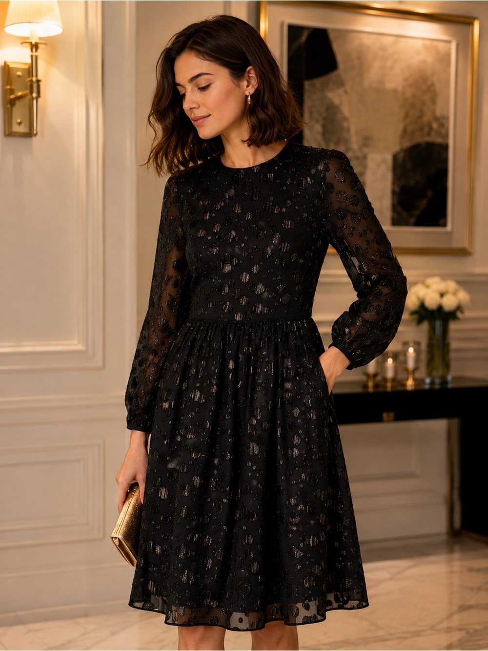 J.Crew Black Metallic Dot Jacquard Sheer Sleeve Dress Size 6